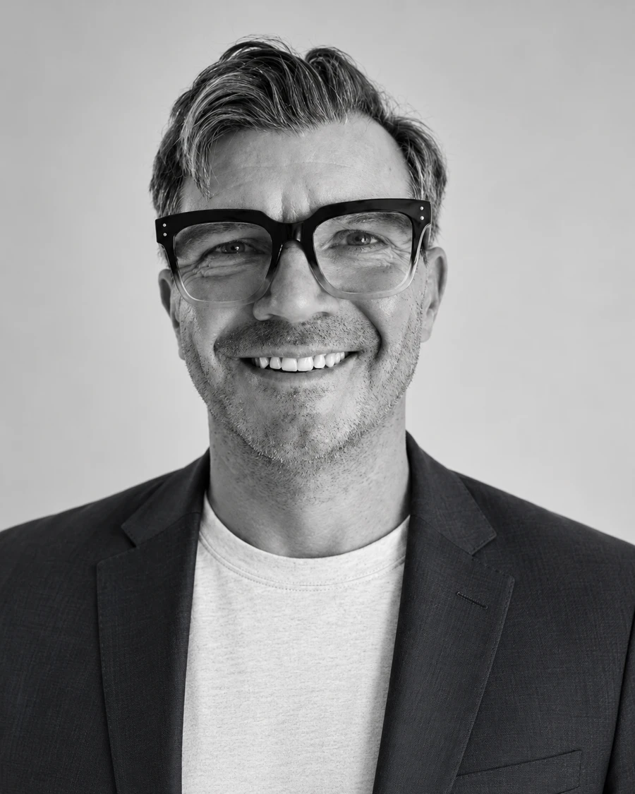 Damian Stevens, smiling in a black-and-white professional portrait